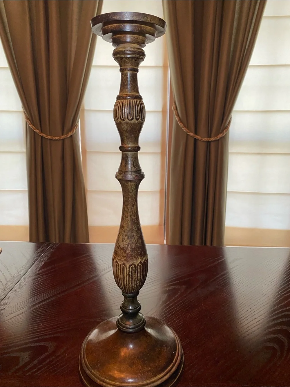 Decorative 20.5 inch painted metal candlestick with lWood-Tone and patina finish